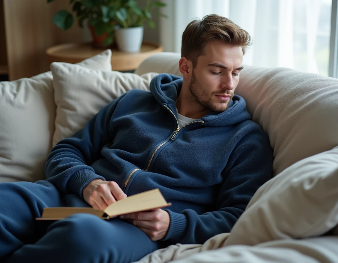 Homme adulte allongé sur un canapé dans une combinaison pilou pilou polaire bleu marine, lisant un livre dans un intérieur de style scandinave épuré et confortable