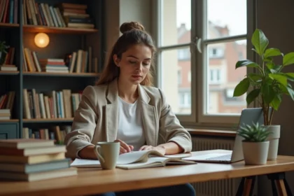 Jeune femme française concentrée à son bureau dans un appartement parisien, entourée de livres et d'un ordinateur portable, incarnant l'ambition intellectuelle moderne