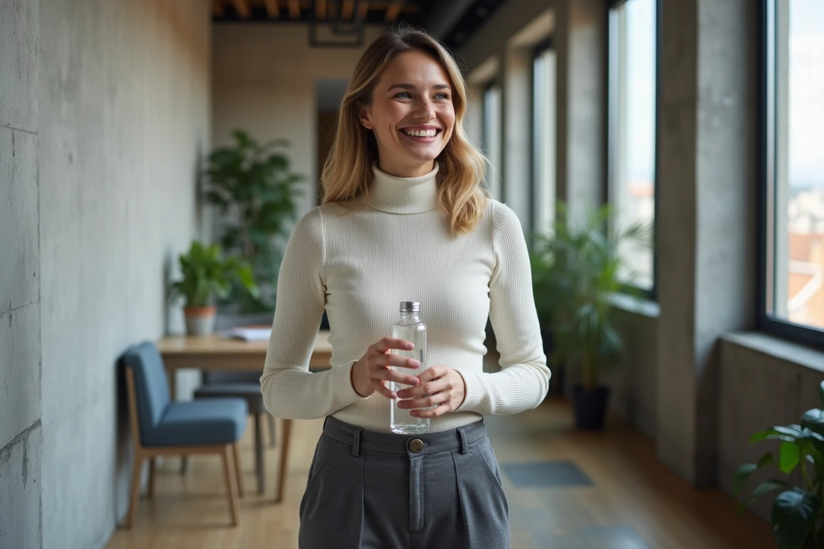 Jeune professionnelle française souriante dans un espace de coworking moderne, illustrant l'équilibre entre ambition personnelle et authenticité au travail