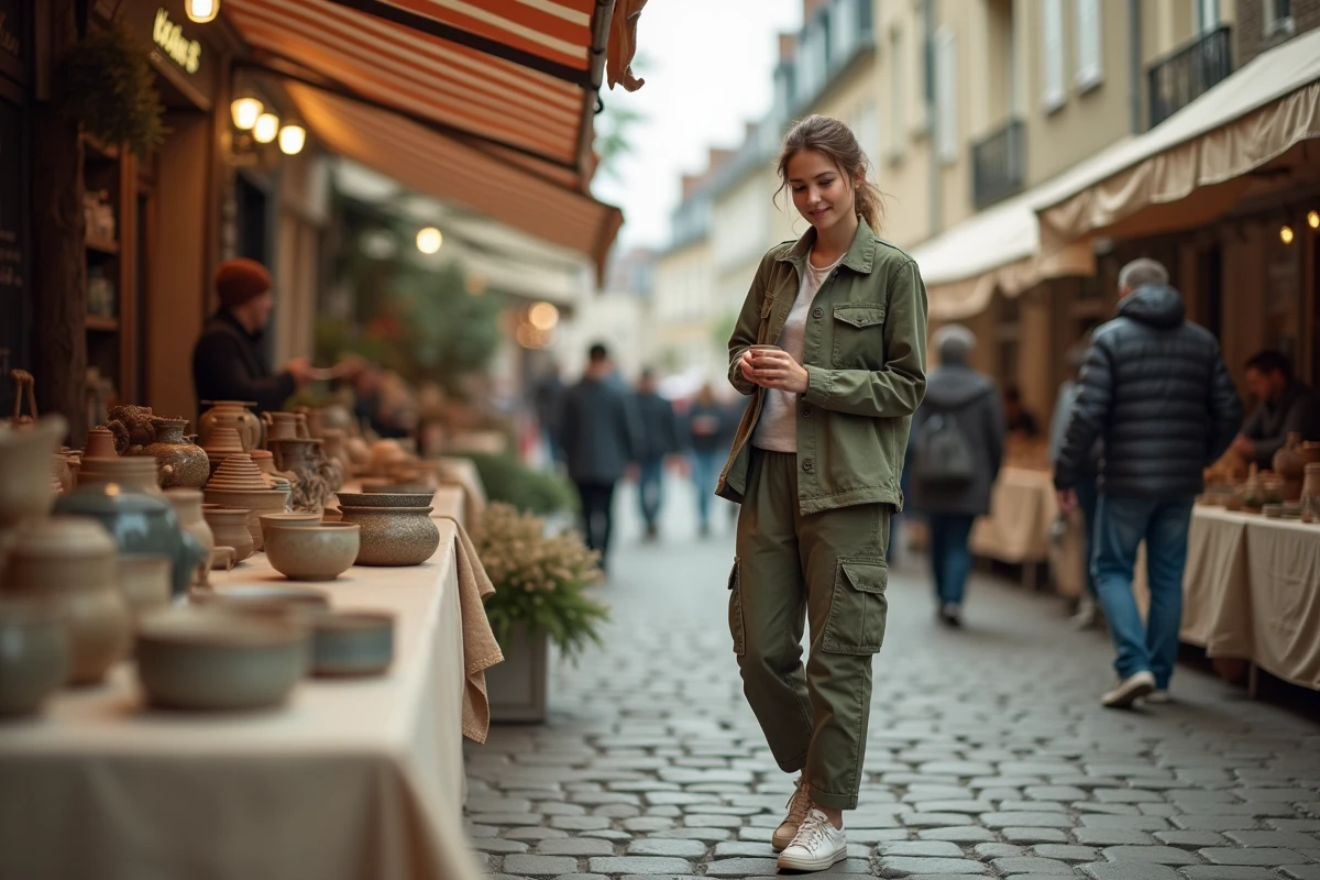 Jeune femme française au marché artisanal en plein air, explorant des céramiques locales dans une ville de province, symbole d'un mode de vie ancré et conscient