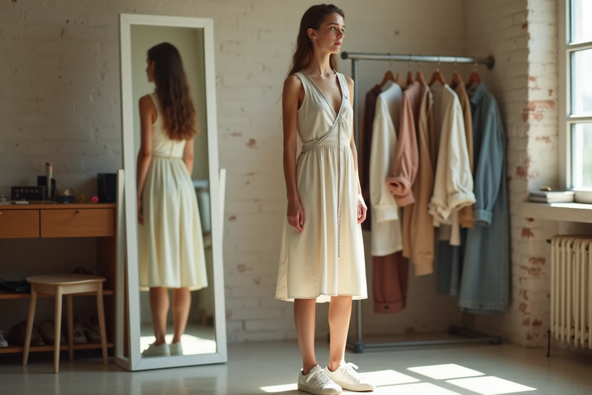Jeune fille aspirante mannequin vérifiant sa posture et sa silhouette devant un miroir en loge