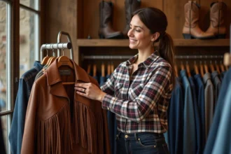 Femme parcourant des vêtements western dans un magasin spécialisé en France avec des promotions affichées