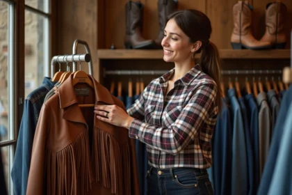 Femme parcourant des vêtements western dans un magasin spécialisé en France avec des promotions affichées