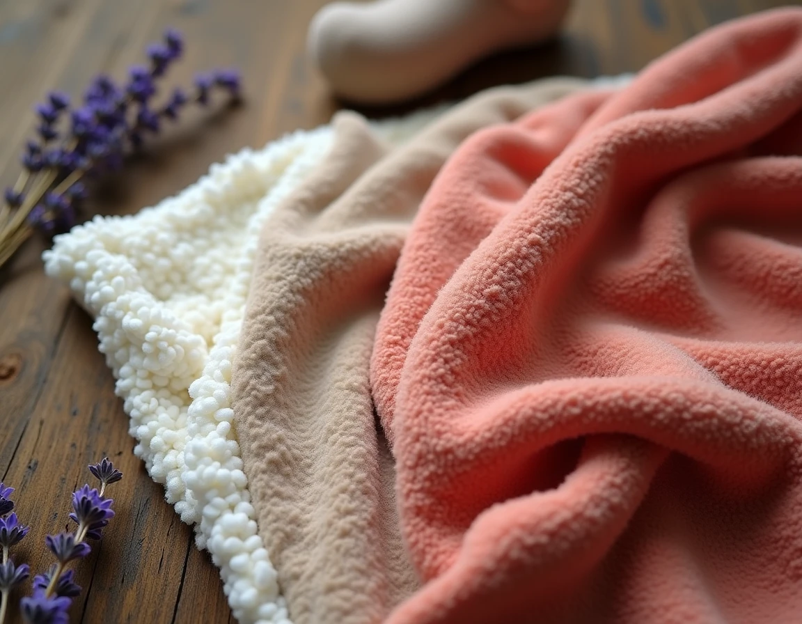 Gros plan de matières chaudes pour pilou pilou adulte : sherpa, flanelle de coton brossé et polaire corail disposées en flat lay sur une table en bois rustique