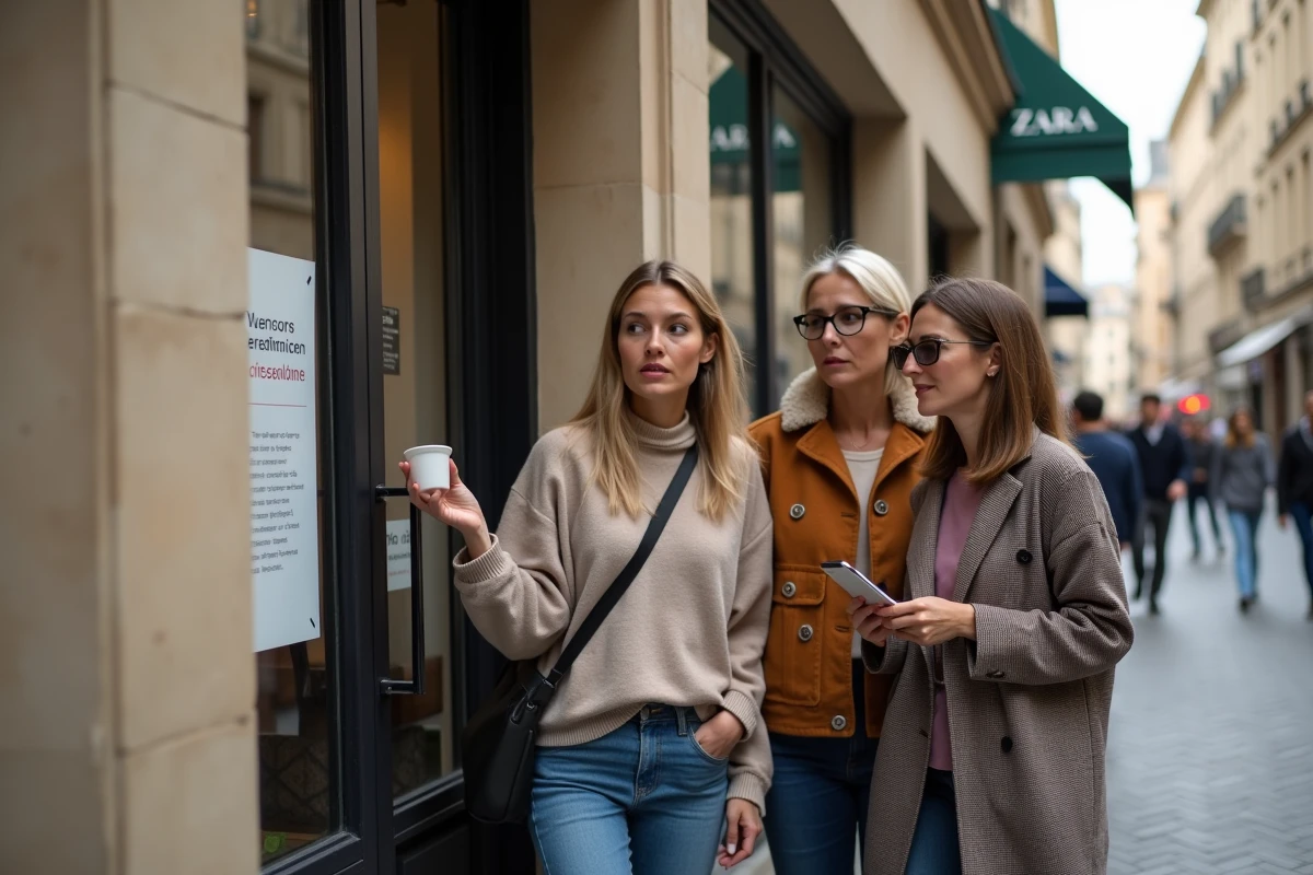 Des passantes lisant une annonce de fermeture affichée sur la porte d'un magasin Zara dans une rue commerçante française
