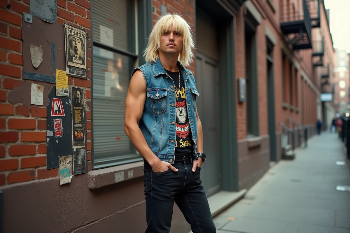 Homme avec perruque mulet blonde et déguisement années 80 style rock devant un mur de briques urbain