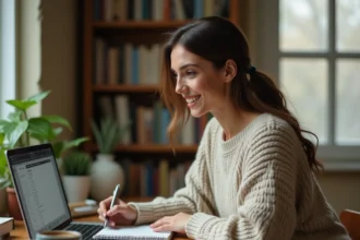 Femme préparant sa liste de courses pour les soldes d'hiver 2026 sur un bureau en bois avec un ordinateur portable et un carnet