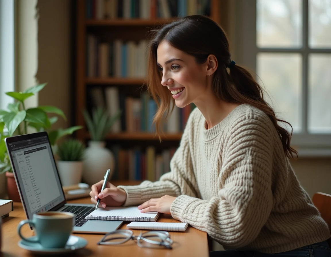 Femme préparant sa liste de courses pour les soldes d'hiver 2026 sur un bureau en bois avec un ordinateur portable et un carnet