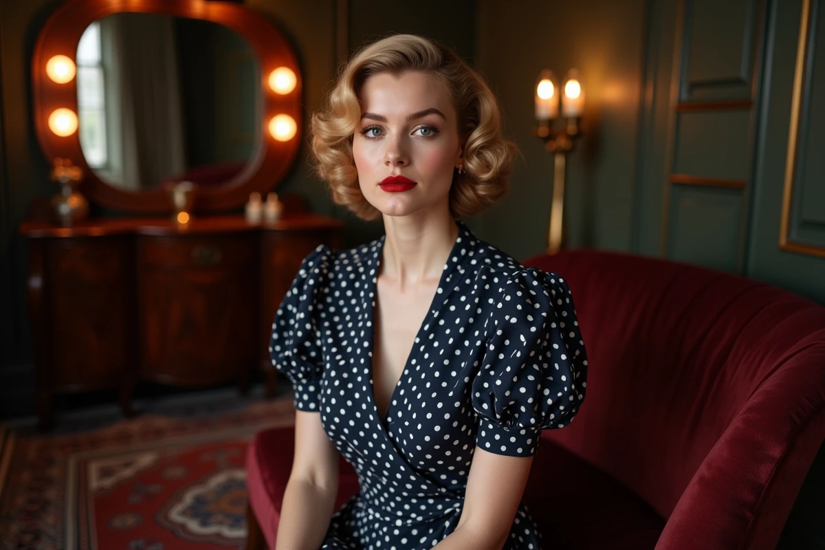 Femme en robe pin-up années 30 à pois bleu marine dans un intérieur boudoir vintage Art Déco, style rétro moderne