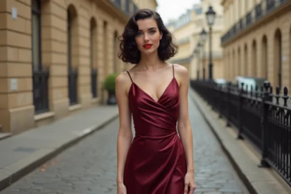 Femme en robe années 30 en satin bordeaux coupe biais dans une rue pavée parisienne, style pin-up moderne rétro