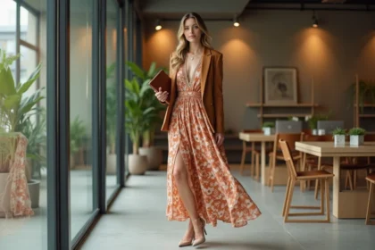 Femme portant une robe hippie fleurie terracotta associée à un blazer structuré camel dans un bureau moderne minimaliste