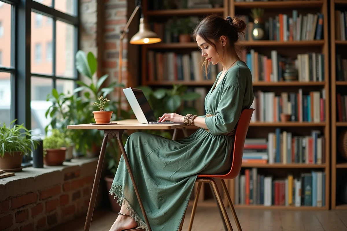 Femme en robe bohème maxi vert sauge avec ceinture en cuir tressé assise à un bureau en bois dans un bureau créatif