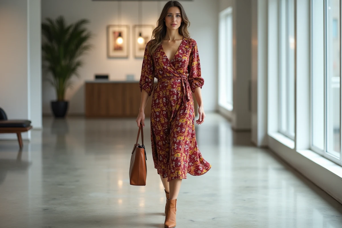 Femme en robe hippie bohème bordeaux et moutarde à manches trois-quarts marchant dans un couloir de bureau contemporain