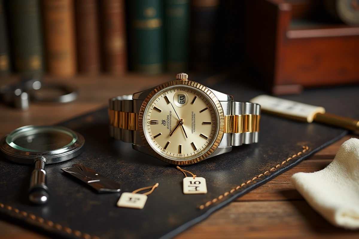 Rolex Day-Just d'occasion posée sur un tapis de sellier avec loupe et étiquettes de prix dans un atelier horloger