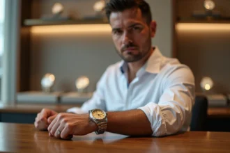 Homme portant une Rolex Day-Just occasion au poignet dans une boutique de montres de luxe