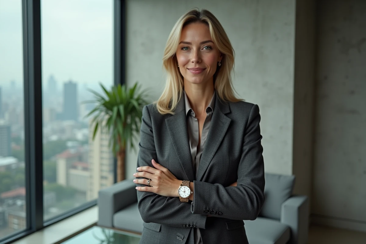 Femme élégante portant une Rolex Day-Just d'occasion avec cadran nacre dans un appartement moderne en ville