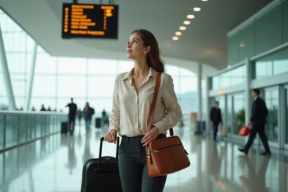 Femme voyageuse tenant un sac à main de voyage compact en cuir cognac dans un terminal d'aéroport moderne
