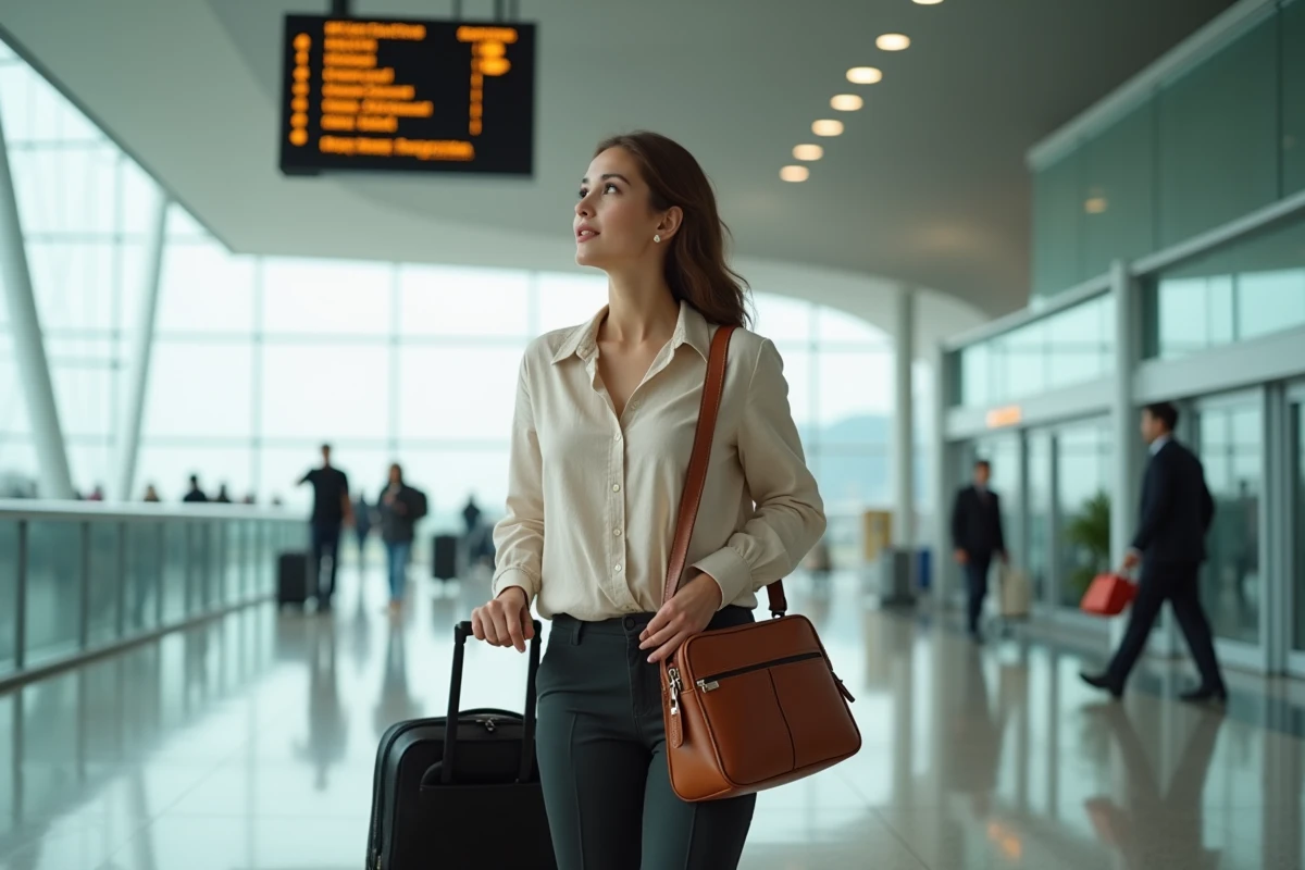 Femme voyageuse tenant un sac à main de voyage compact en cuir cognac dans un terminal d'aéroport moderne