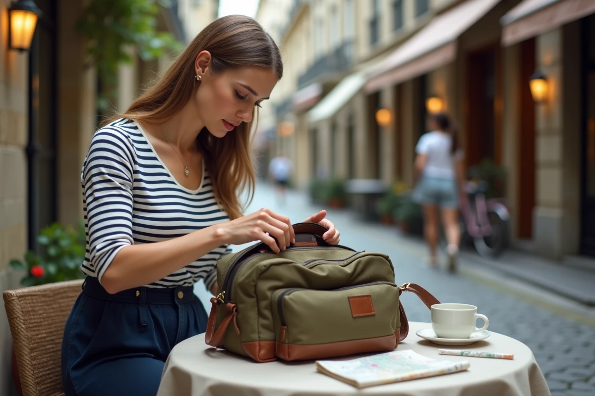 Femme organisant son sac à main de voyage léger en toile olive à une terrasse de café sur des pavés européens