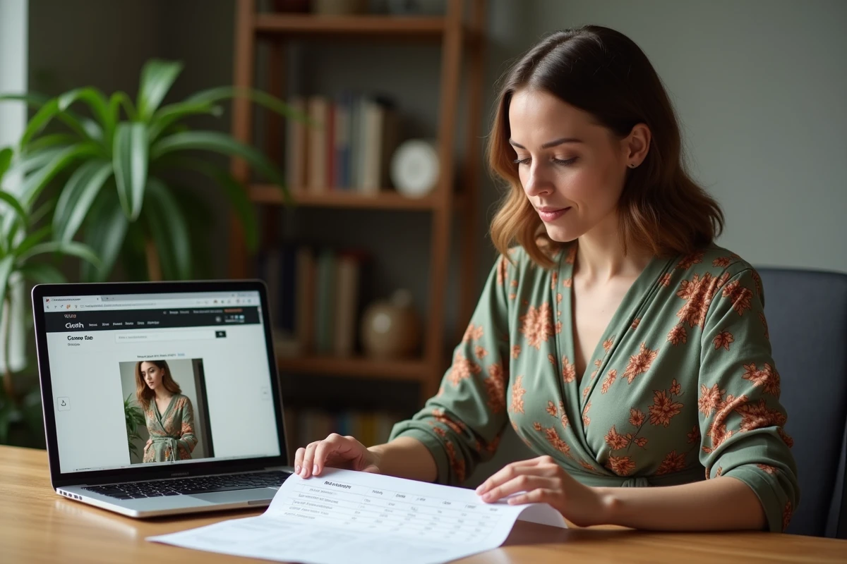 Femme consultant un tableau de correspondance des tailles australiennes et françaises pour robes et tops depuis son bureau à domicile
