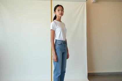 Jeune mannequin adolescente mesurant sa taille lors d'un casting en studio de mode