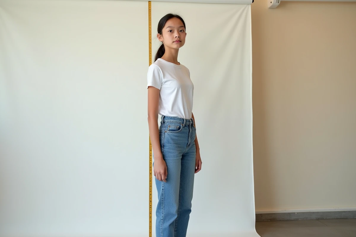 Jeune mannequin adolescente mesurant sa taille lors d'un casting en studio de mode