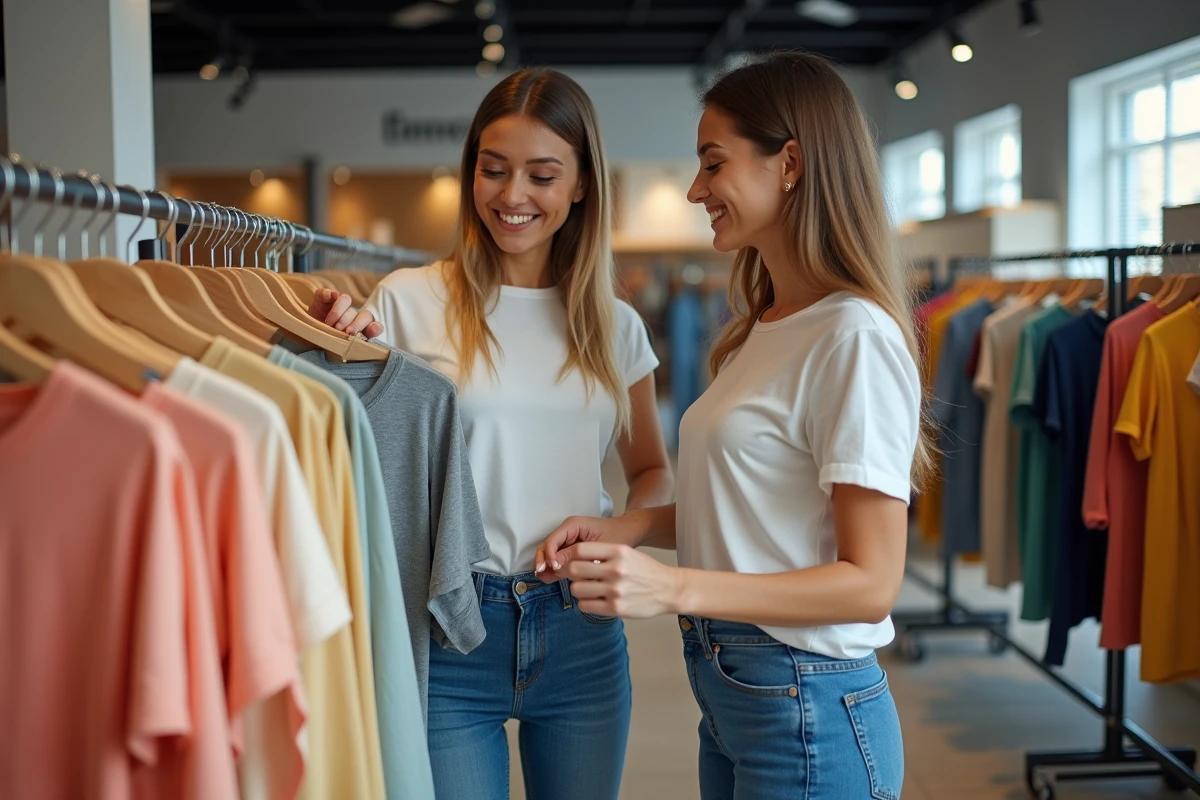 Deux femmes comparant les étiquettes de taille sur des tops en magasin pour convertir les tailles australiennes en tailles françaises