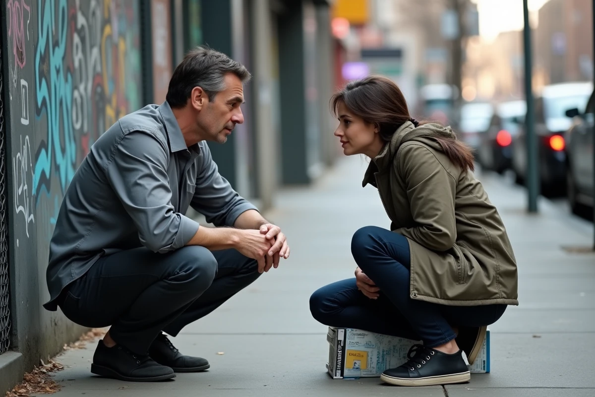 Travailleur social discutant avec une personne en situation de rue, représentant l'aide humanitaire et l'accompagnement des personnes vulnérables