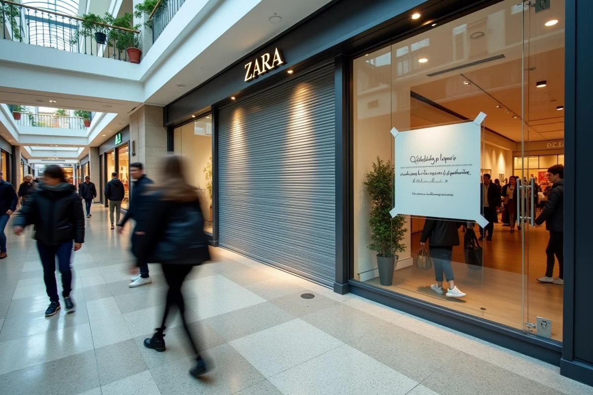 Vitrine fermée d'un magasin Zara avec rideau métallique baissé dans un centre commercial de ville française
