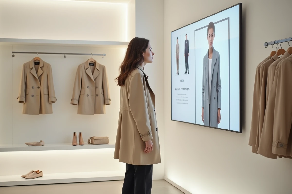 Femme consultant un écran interactif dans un magasin Zara minimaliste lors d'une transformation de l'expérience d'achat