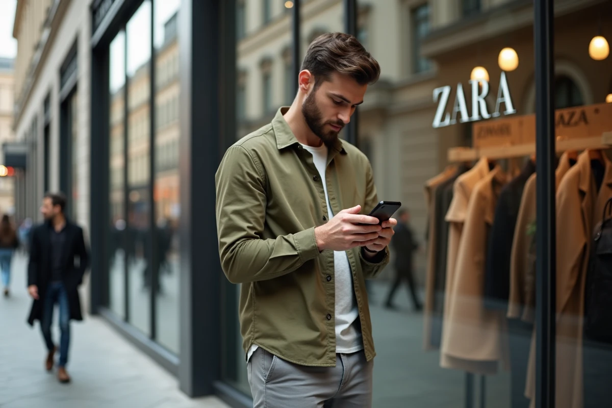Homme utilisant une application mobile Zara devant une boutique urbaine aux grandes vitrines en verre