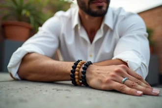 Homme aux bras bronzés portant des bracelets en perles d'onyx noir et de bois naturel empilés au poignet, posé sur une surface en béton sur un toit-terrasse urbain