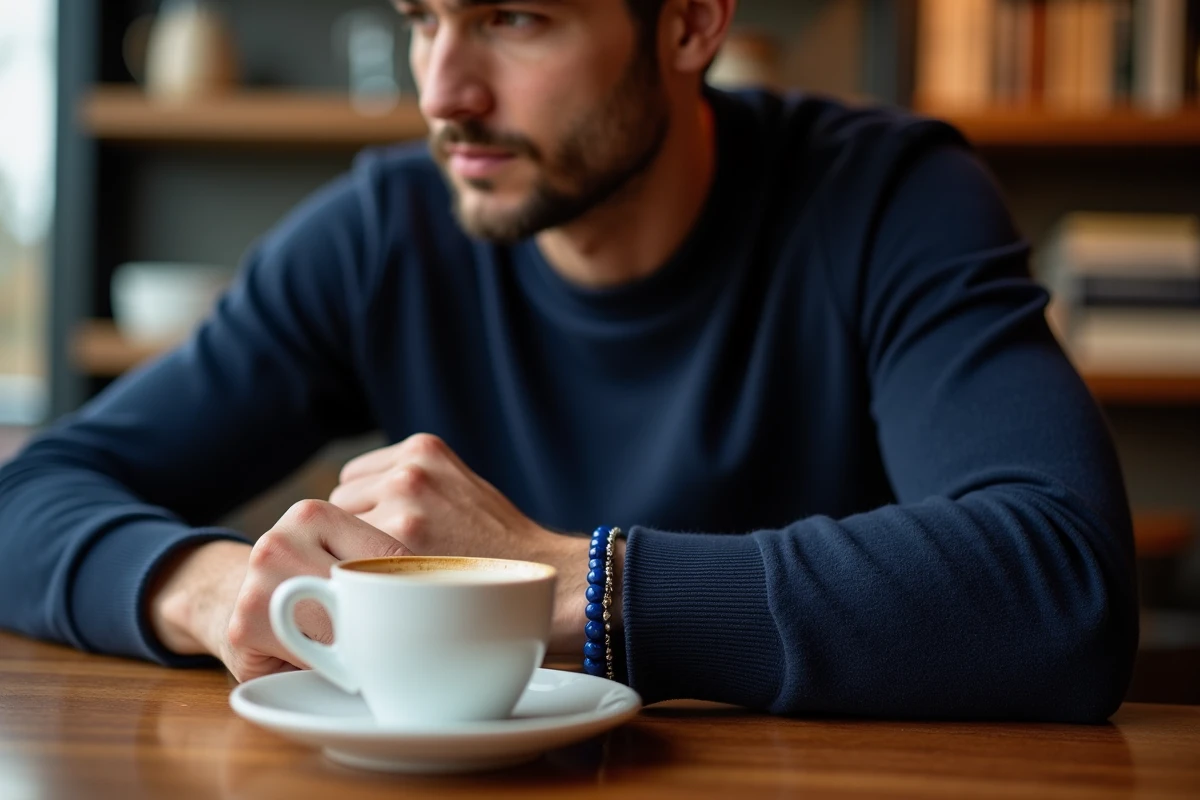 Jeune homme en pull marine portant un bracelet en perles de lapis-lazuli dans un café européen aux tons chaleureux, tenant une tasse d'expresso