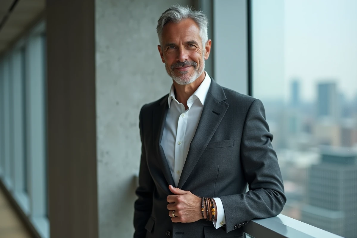 Homme élégant en costume gris charbon portant un bracelet double tour en perles d'œil de tigre et cuir avec accents dorés, devant une fenêtre panoramique urbaine
