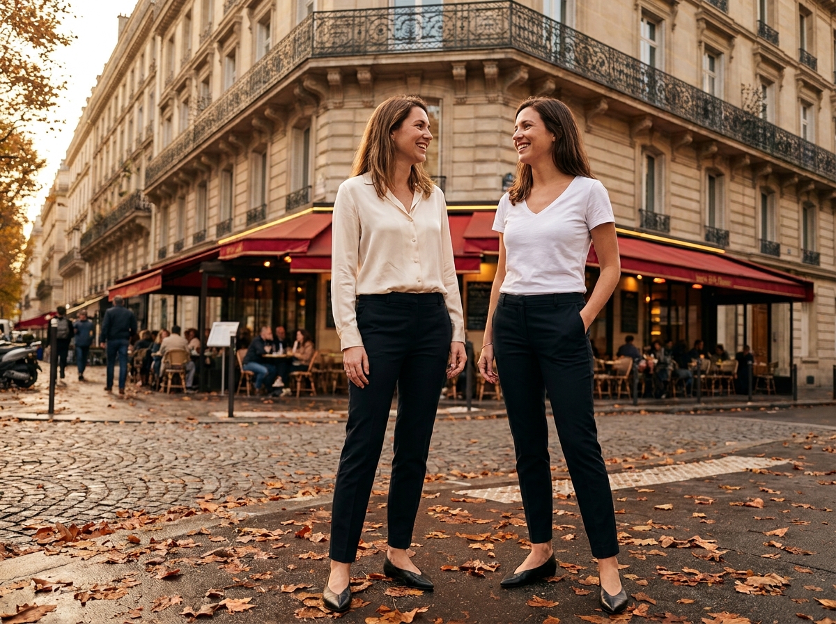Comparaison côte à côte d'une blouse en soie et d'un t-shirt premium sur une rue pavée parisienne