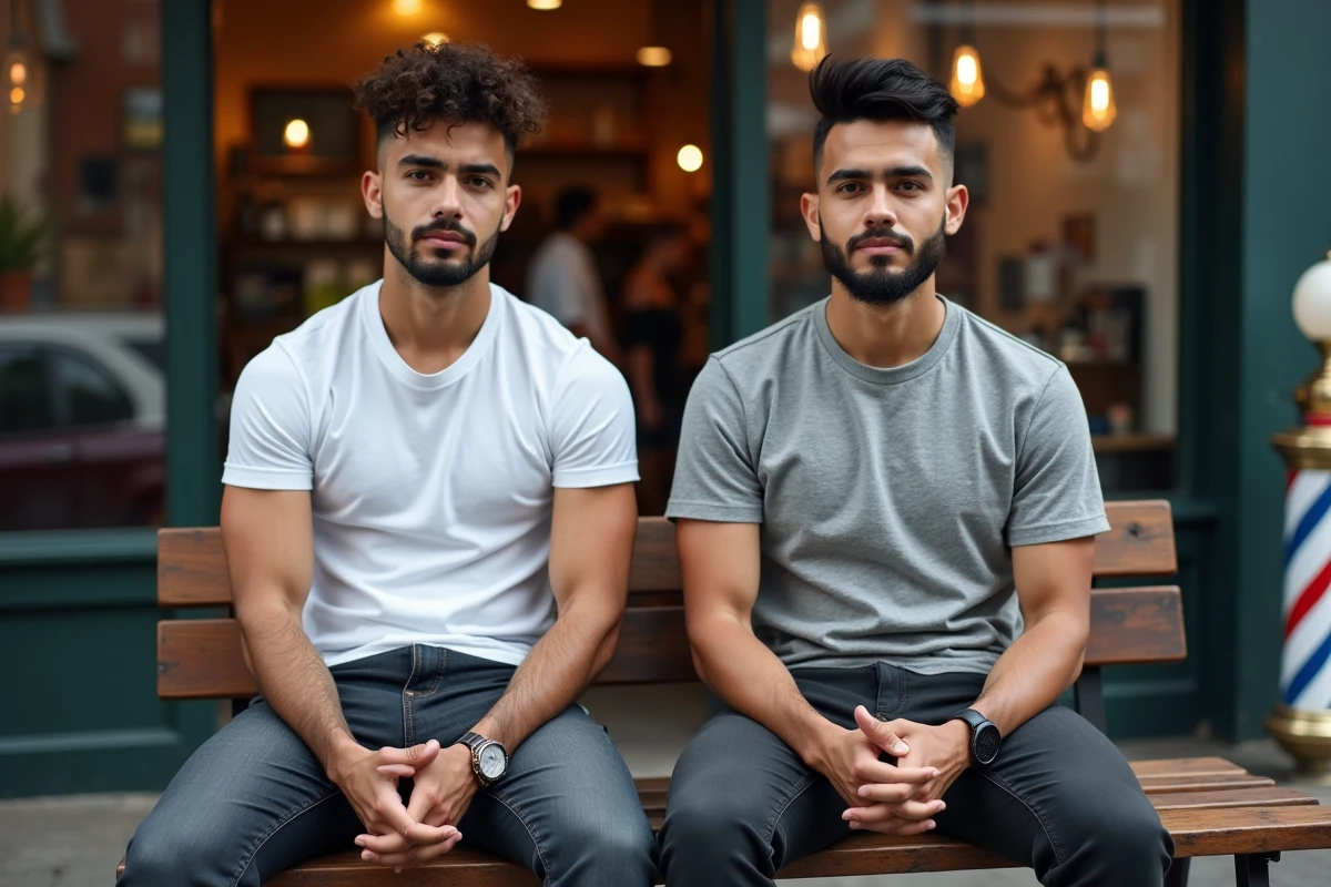 Comparaison côte à côte d'un dégradé espagnol et d'un dégradé américain sur deux hommes devant un salon de coiffure