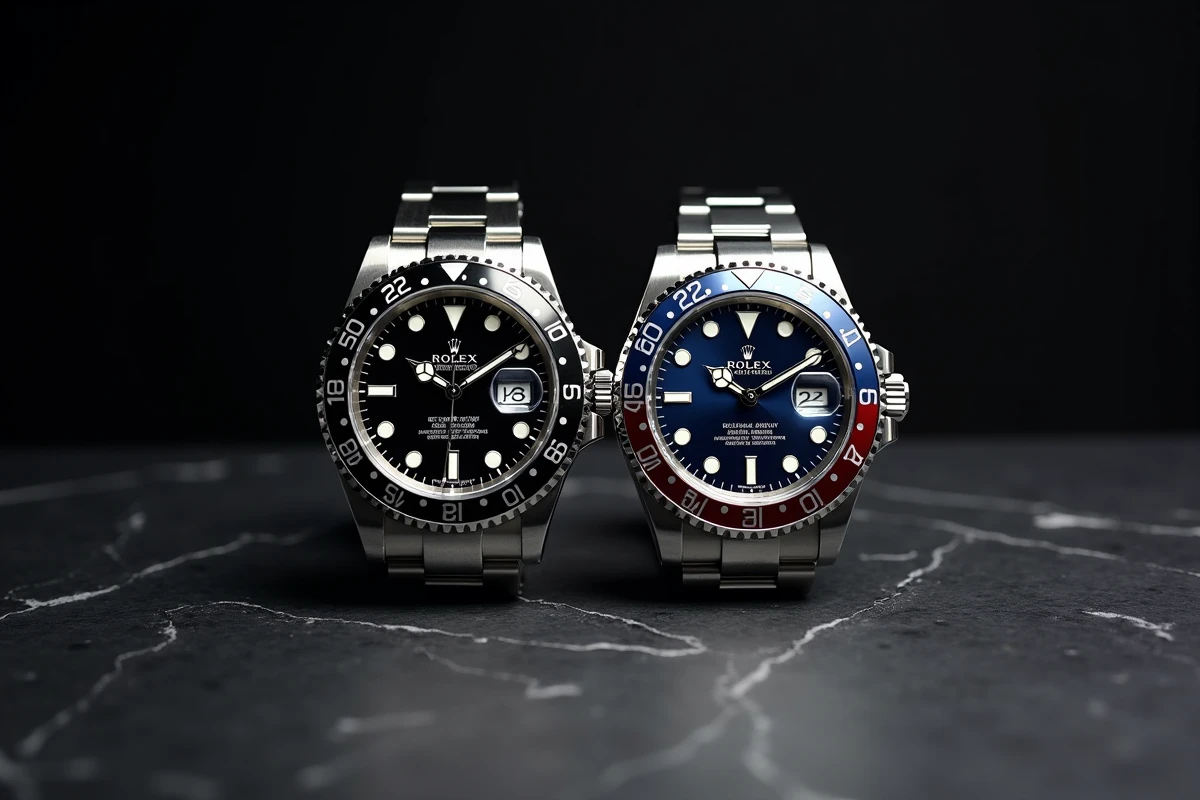 Comparaison côte à côte des Rolex GMT-Master II Batman et Bruce Wayne sur une surface en ardoise noire, détail des lunettes céramique