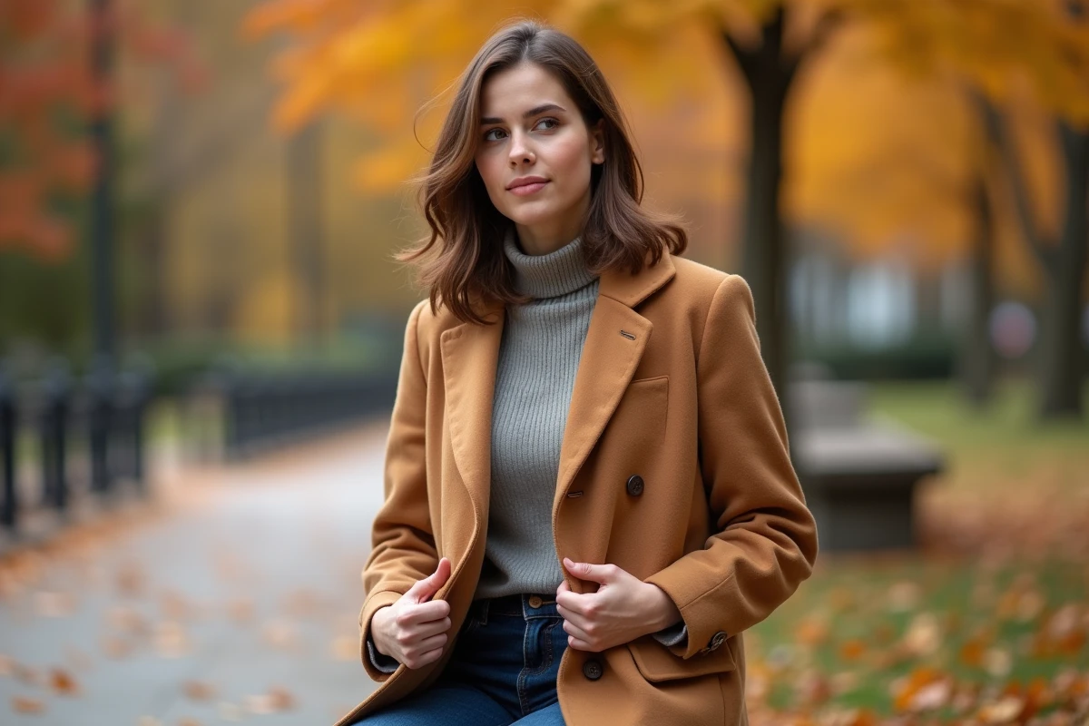 Jeune femme en manteau camel comparant une poche cousue et une poche ouverte dans un parc en automne