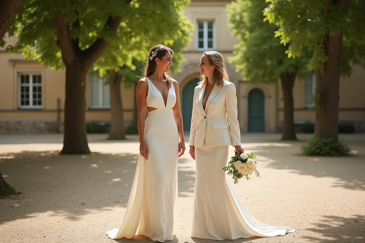 Deux femmes élégantes dont une en robe blanche longue en crêpe et l'autre en costume ivoire, devant la mairie pour un mariage civil