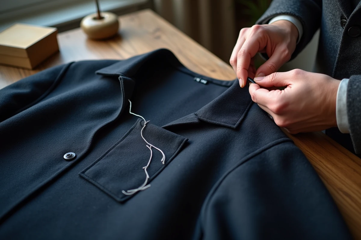 Mains masculines décousant les poches d'un manteau avec un découd-vite sur une table en bois