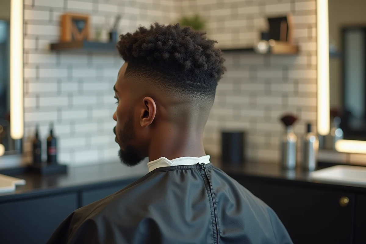 Homme avec un dégradé américain impeccable vu de dos dans un salon moderne