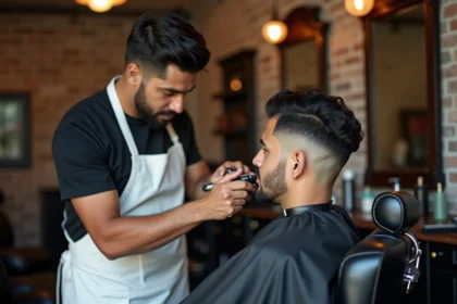 Barbier réalisant un dégradé espagnol sur un homme aux cheveux noirs dans un salon de coiffure vintage