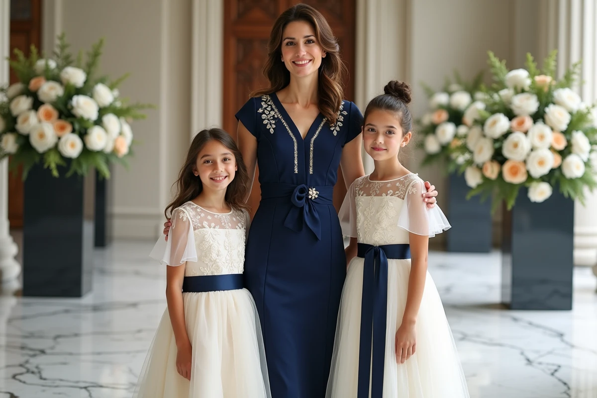 Mère et deux filles en tenues coordonnées ivoire et bleu marine dans un lieu de mariage élégant