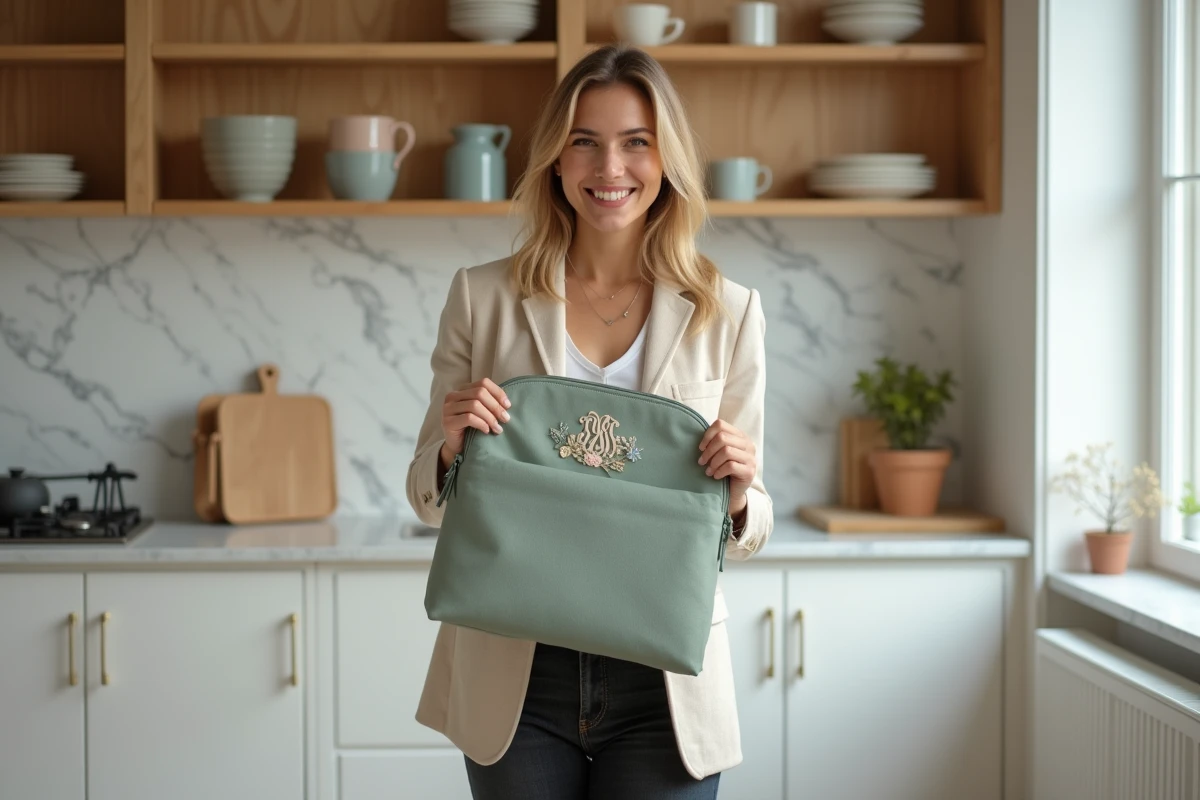 Femme tenant un sac à chaussures personnalisé brodé dans un appartement moderne, idée cadeau voyage