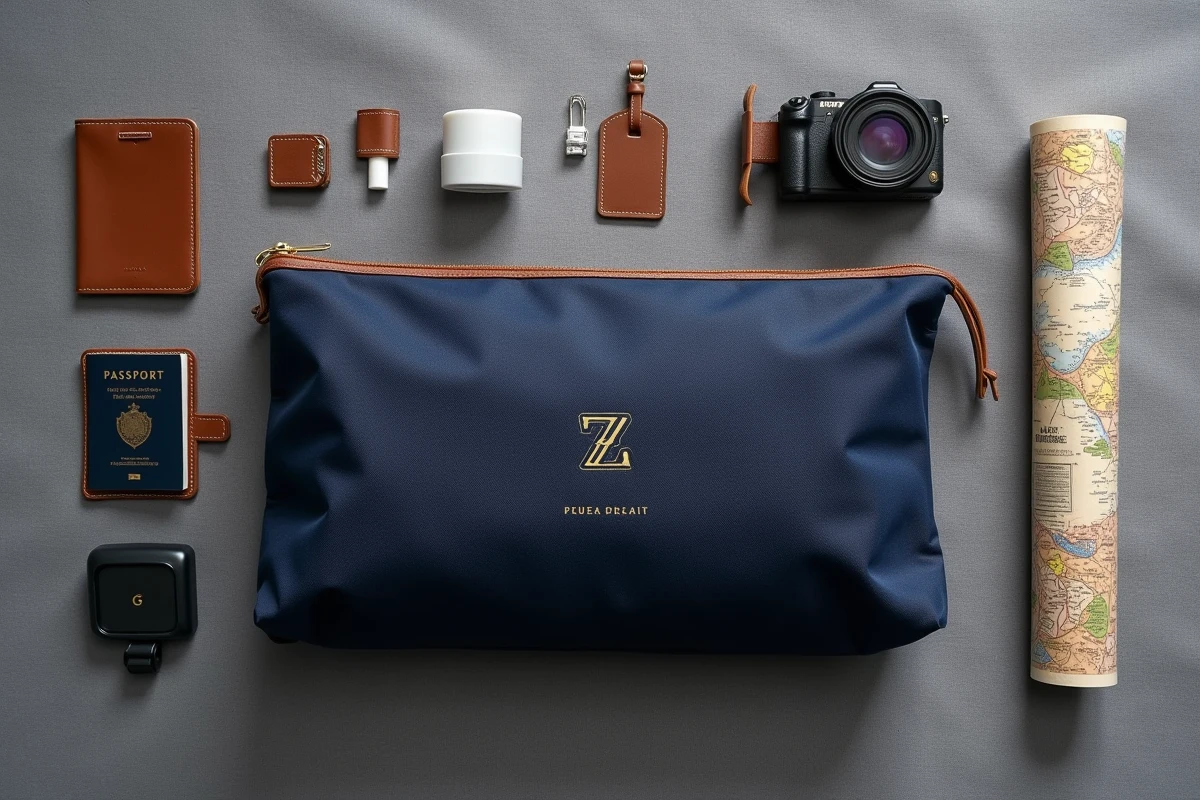 Flat-lay d'un sac à chaussures de voyage personnalisé avec accessoires de voyage sur fond lin gris