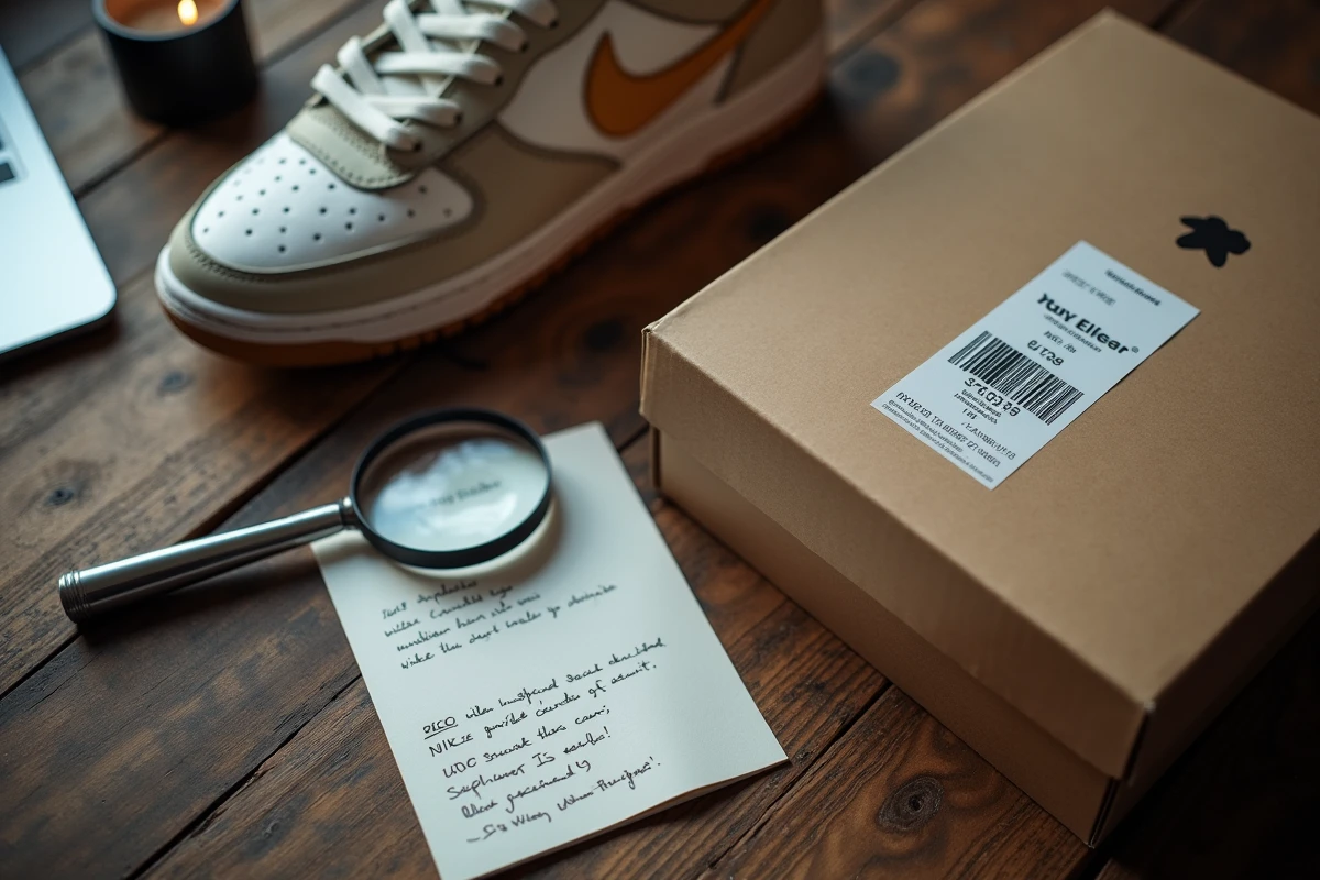 Vue de dessus d'une sneakers Nike collector avec boîte et code UPC sur une table en bois, ambiance collectionneur