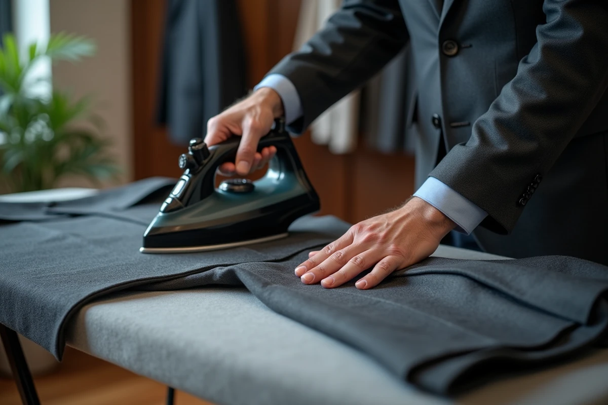 Gros plan sur des mains repassant la manche d'un costume gris anthracite avec un fer à vapeur et un linge de pressage humide sur une planche à repasser