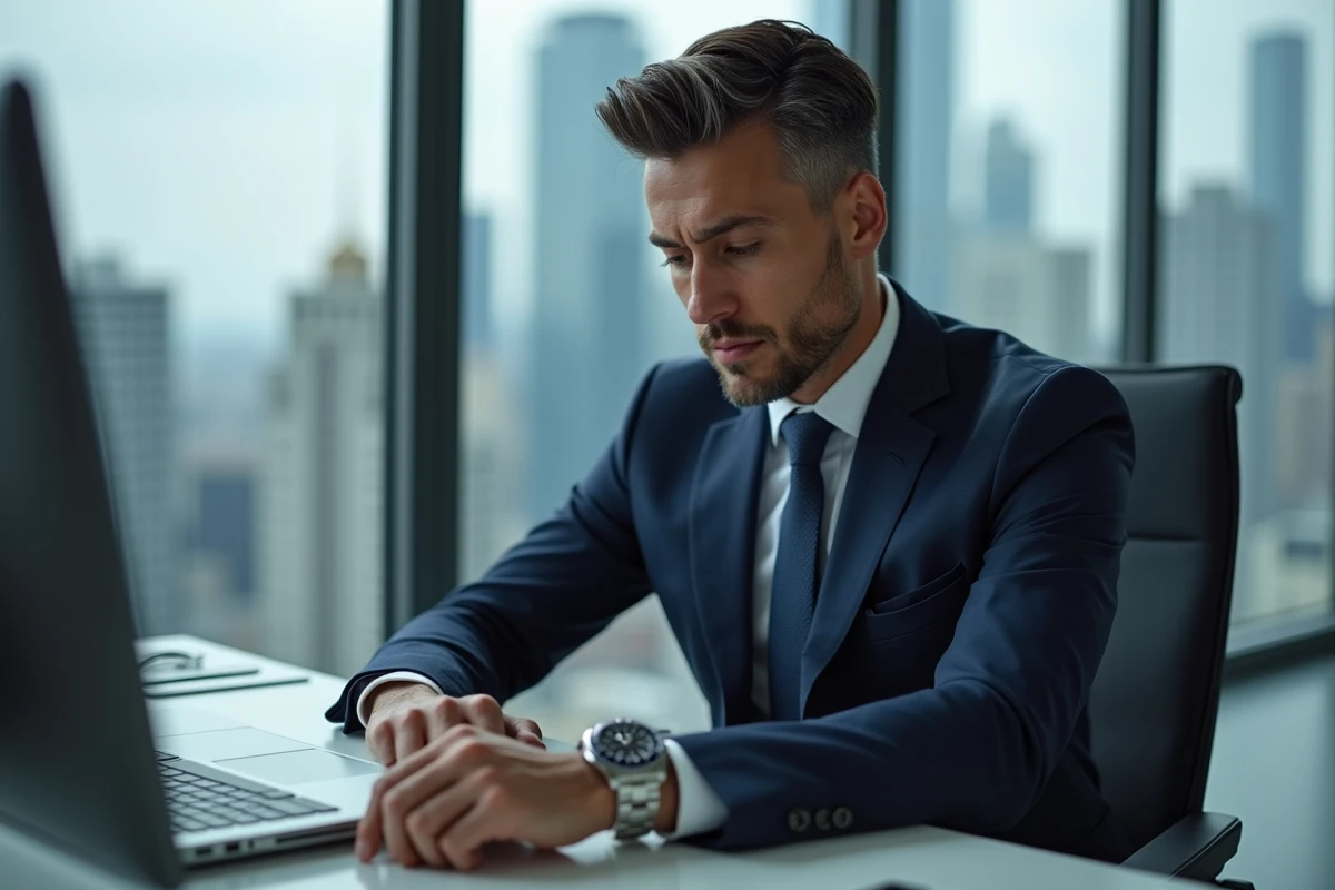 Homme en costume marine portant une Rolex GMT-Master II au poignet dans un bureau avec vue sur la ville, ambiance éditoriale luxueuse