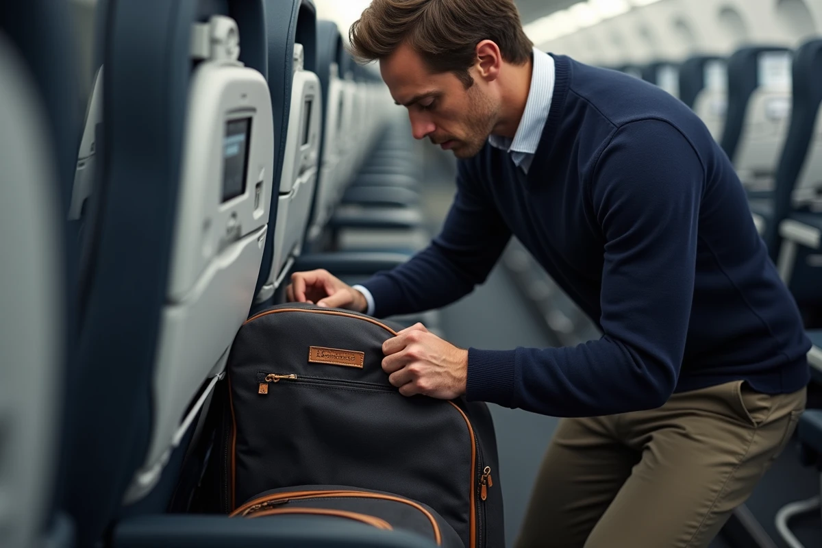 Homme rangeant un sac à chaussures personnalisé dans le compartiment d'un avion lors d'un voyage