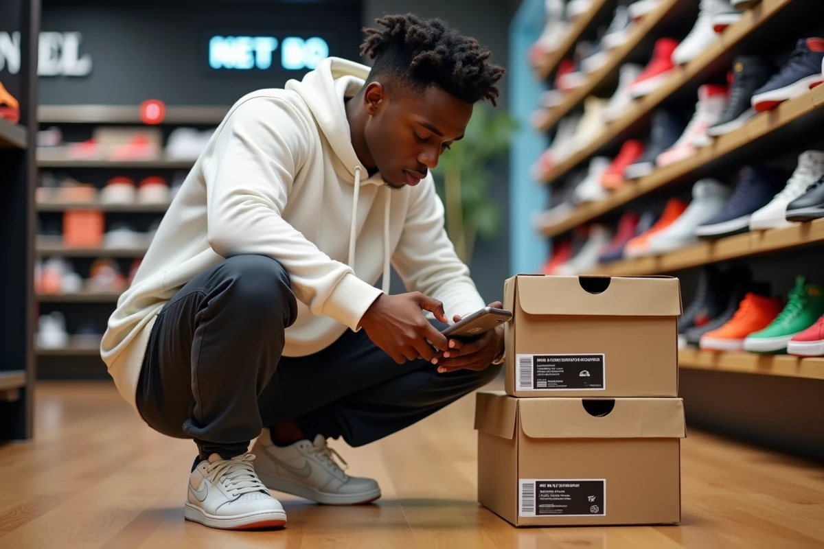 Homme en streetwear scannant le code UPC d'une boîte de Nike rare dans un magasin de revente de sneakers